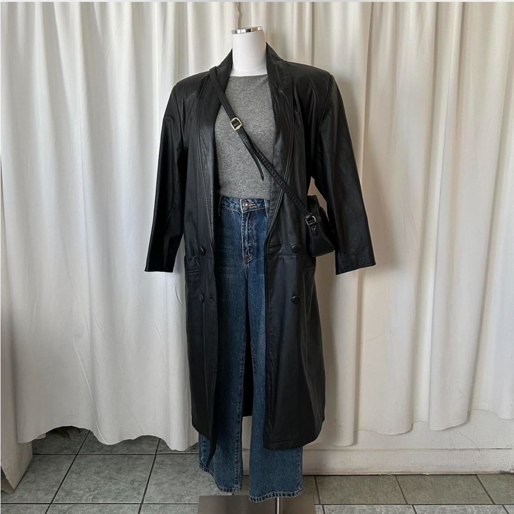 Vintage Pelle Club black long leather trench coat size Medium. - Picture 5 of 12